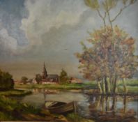 A mid century framed oil on canvas, bucolic landscape with church in the distance, indistinctly