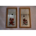 A pair of Victorian gilt framed mirrors with etched and painted glass. H.64 W.34cm