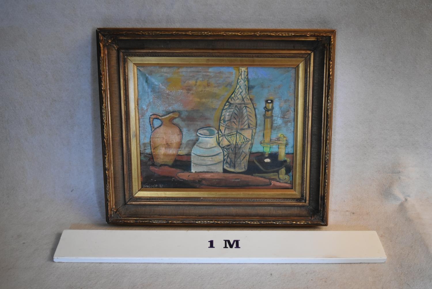 A gilt framed oil on canvas, abstract still life, signed and dated, Bassett 85. H.62 W.73cm - Image 3 of 6