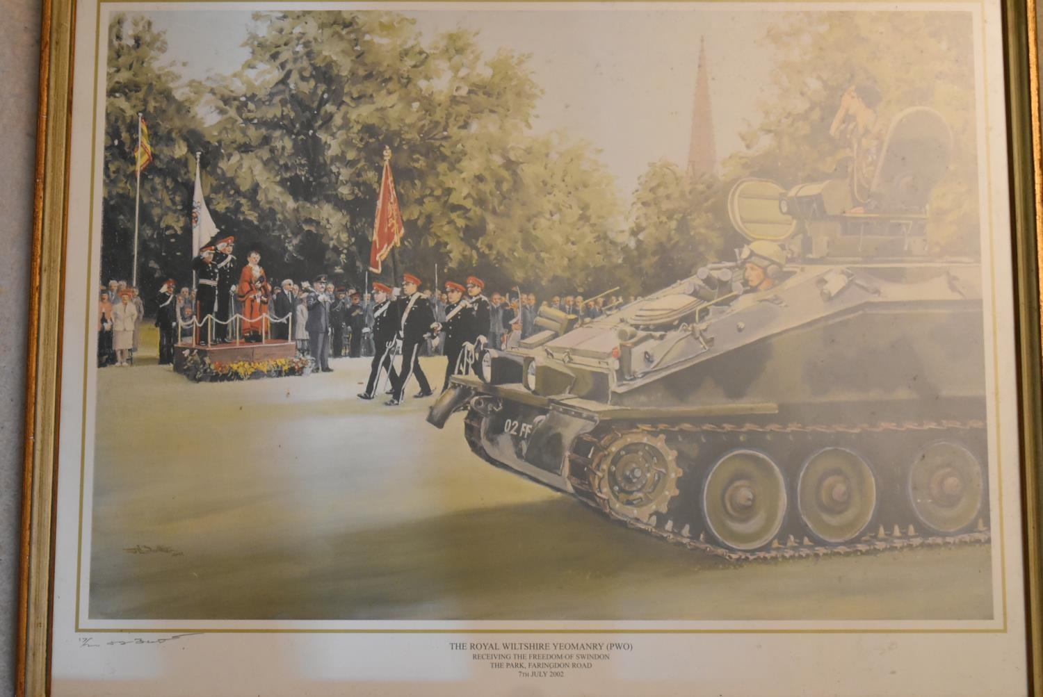 Two framed and glazed signed limited edition prints, The Royal Wiltshire Yeomanry receiving the - Image 5 of 10