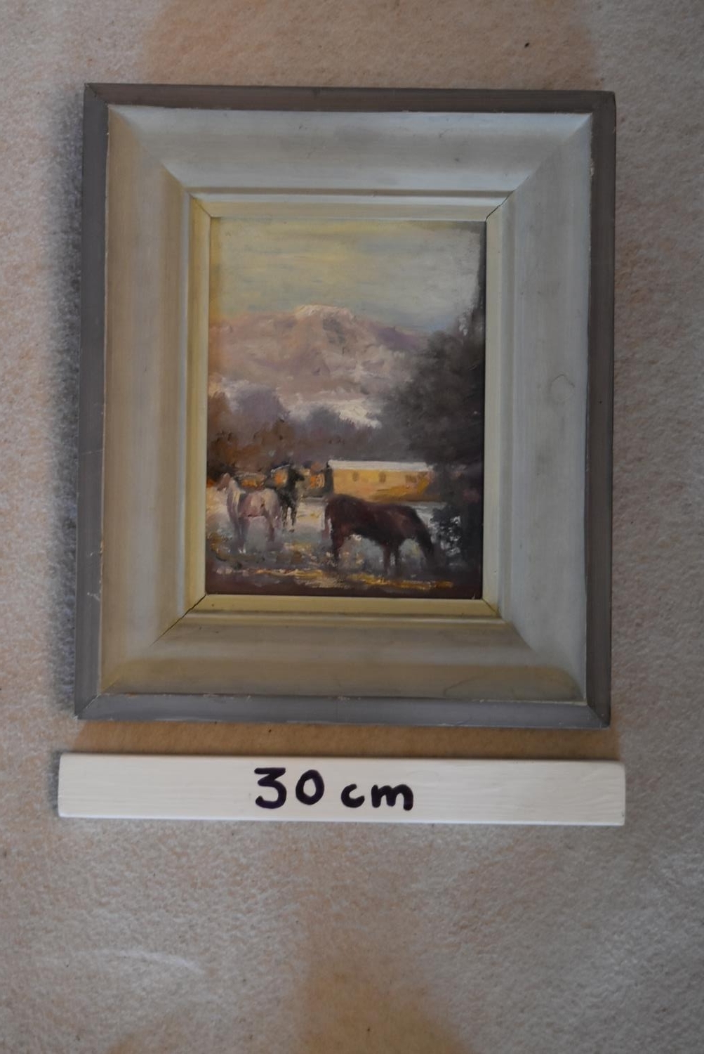 A framed oil on board, abstract figural study and a similar, horses in a mountaineous landscape. H. - Image 2 of 7