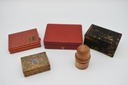 A 19th century treen chemist's bottle container, two gaming cases containing cards, a papier mache