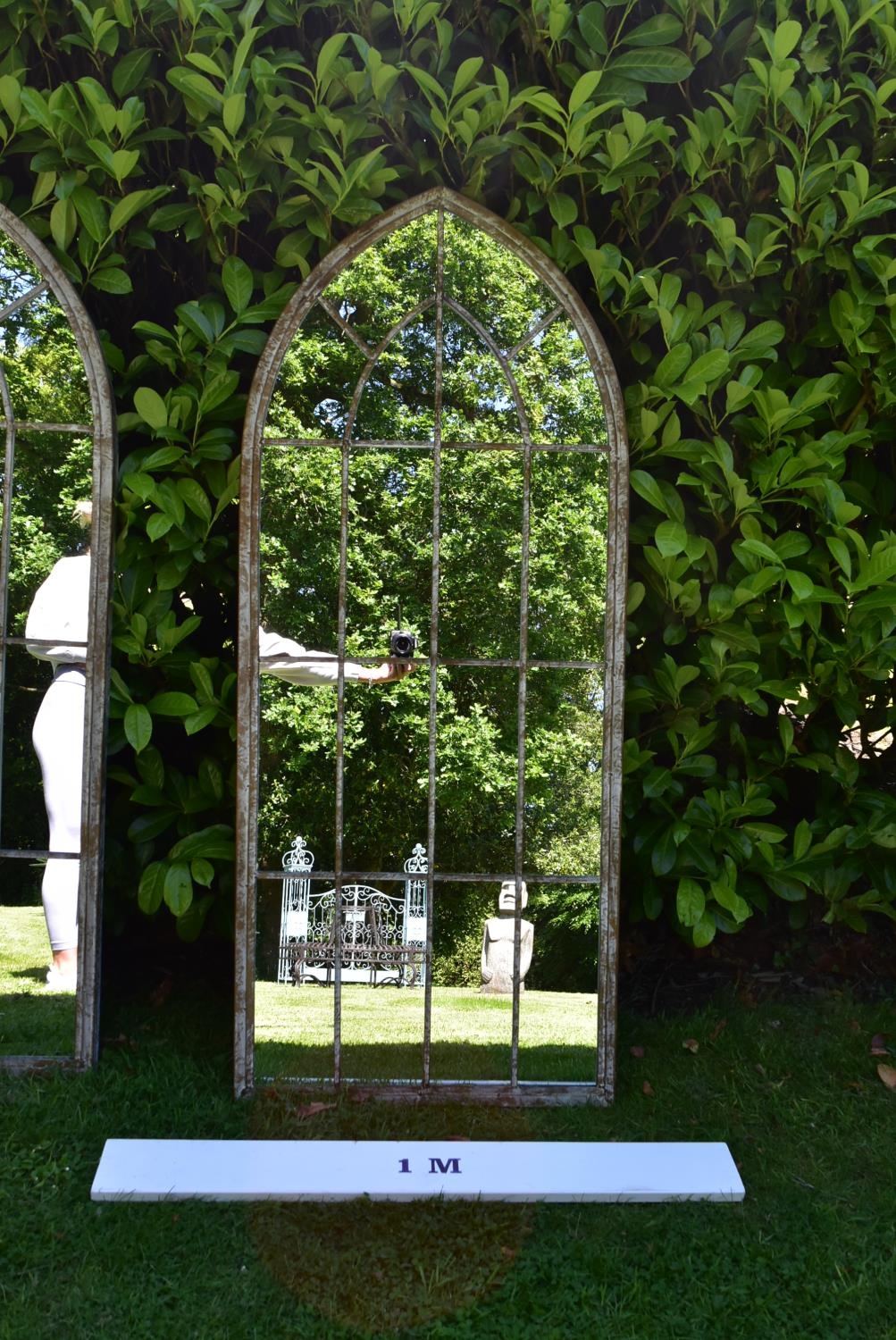 A set of three Gothic arched garden mirrors in distressed painted window pane metal frames. H.159 - Image 6 of 6