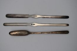 A Georgian silver marrow scoop, markings rubbed, a later English hallmarked silver example and a