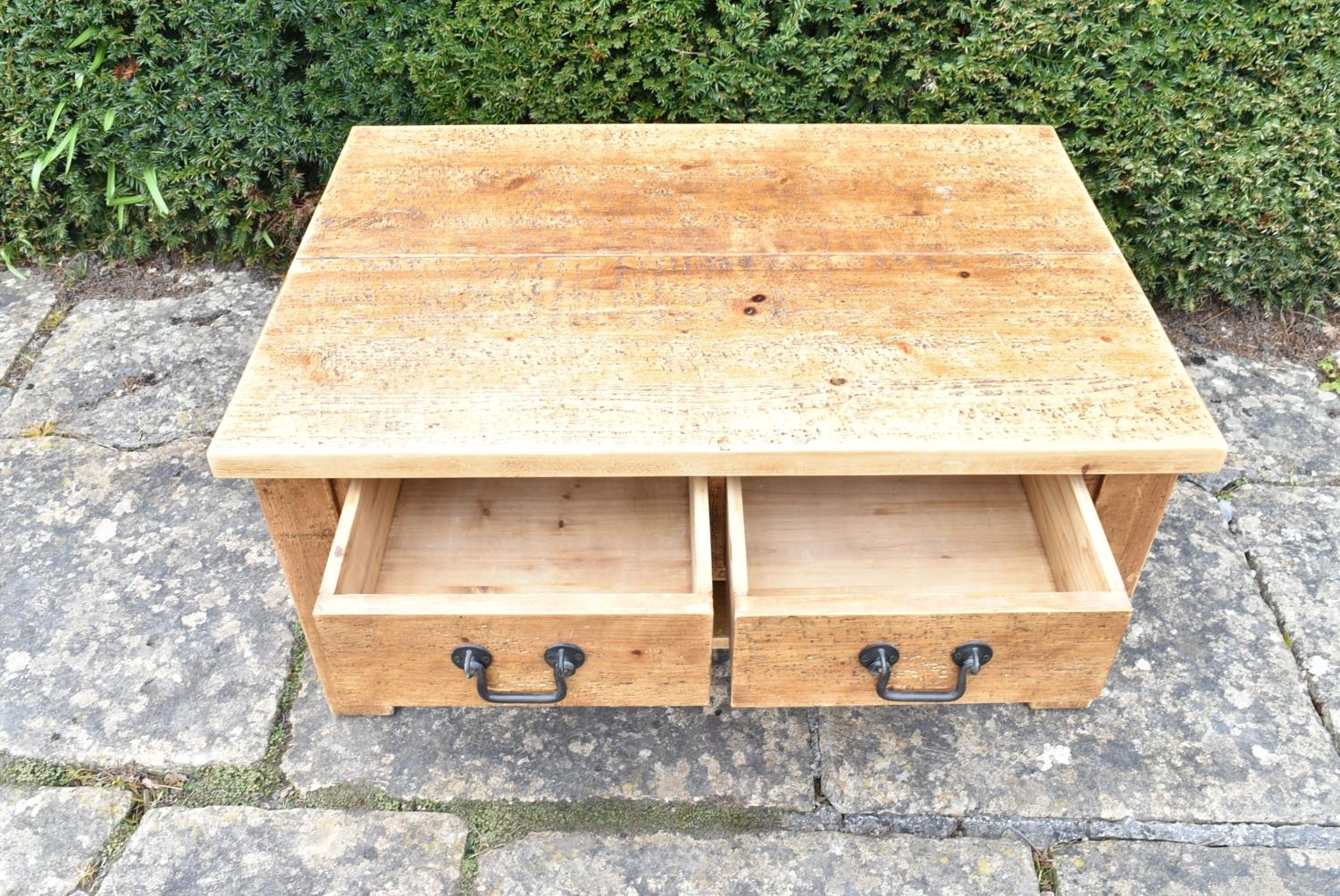 A contemporary pitch pine low table fitted with frieze drawers on block supports united by - Image 5 of 7
