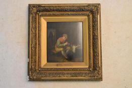 After David Teniers (1610-1694), a gilt framed oil on panel, study of a seated man, bears plaque.