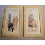 A pair of framed and glazed prints, Eastern townscapes. H.92 W.52cm