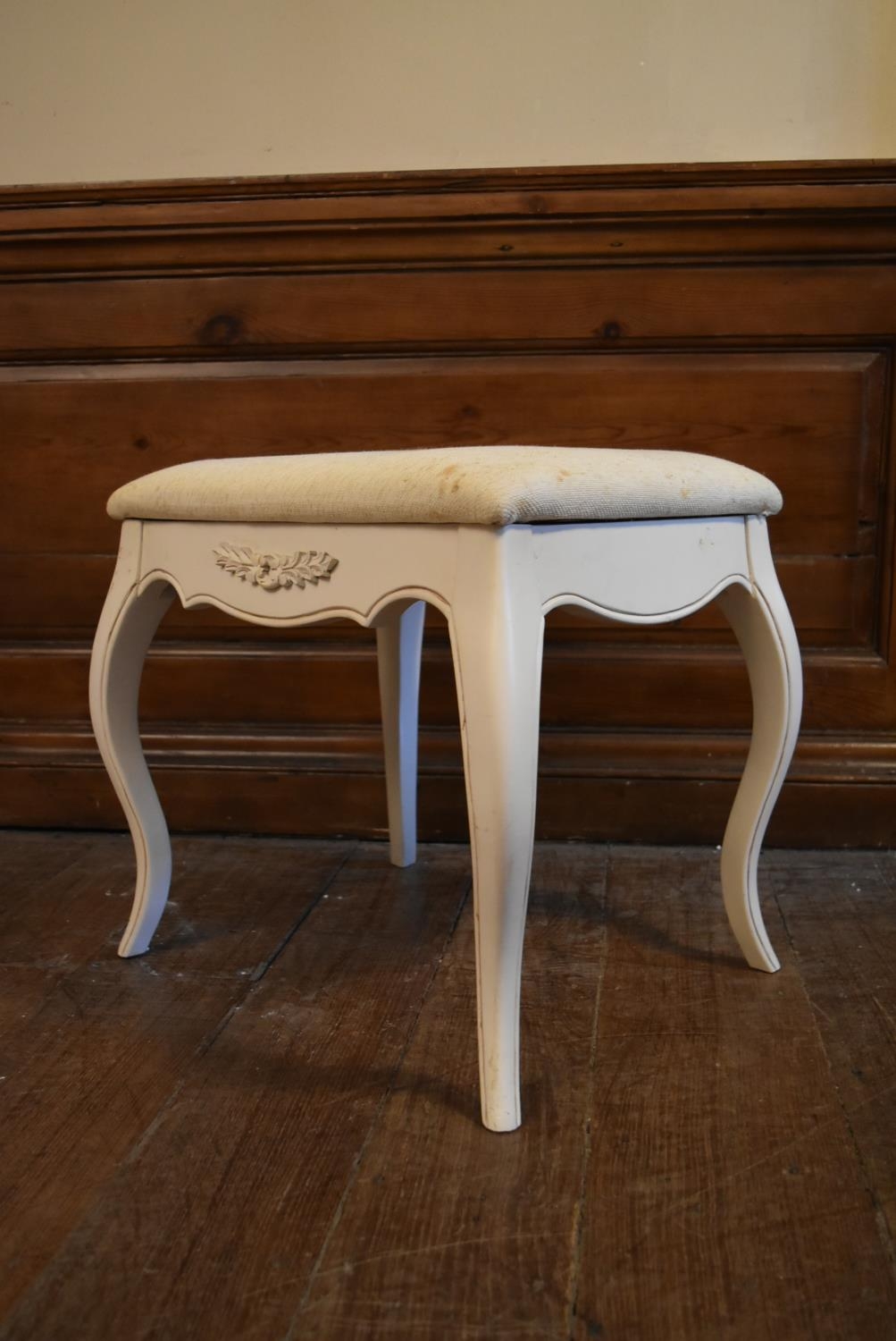 A Louis XV style white painted stool on slender cabriole supports. H.47 W.47 D.36cm - Image 5 of 6