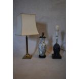 A Chinese ceramic vase shaped table lamp along with two other table lamps. H.59 W.35cm