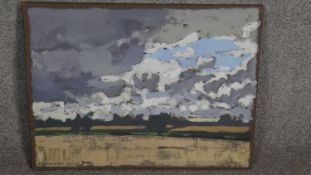 An oil on canvas, Michael Woods, landscape with stormy sky, signed and dated. H.46 W.61cm