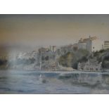 A framed and glazed watercolour, Port Mahon from the North, signed Frank Cox. H.53 W.66cm