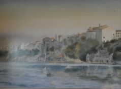 A framed and glazed watercolour, Port Mahon from the North, signed Frank Cox. H.53 W.66cm