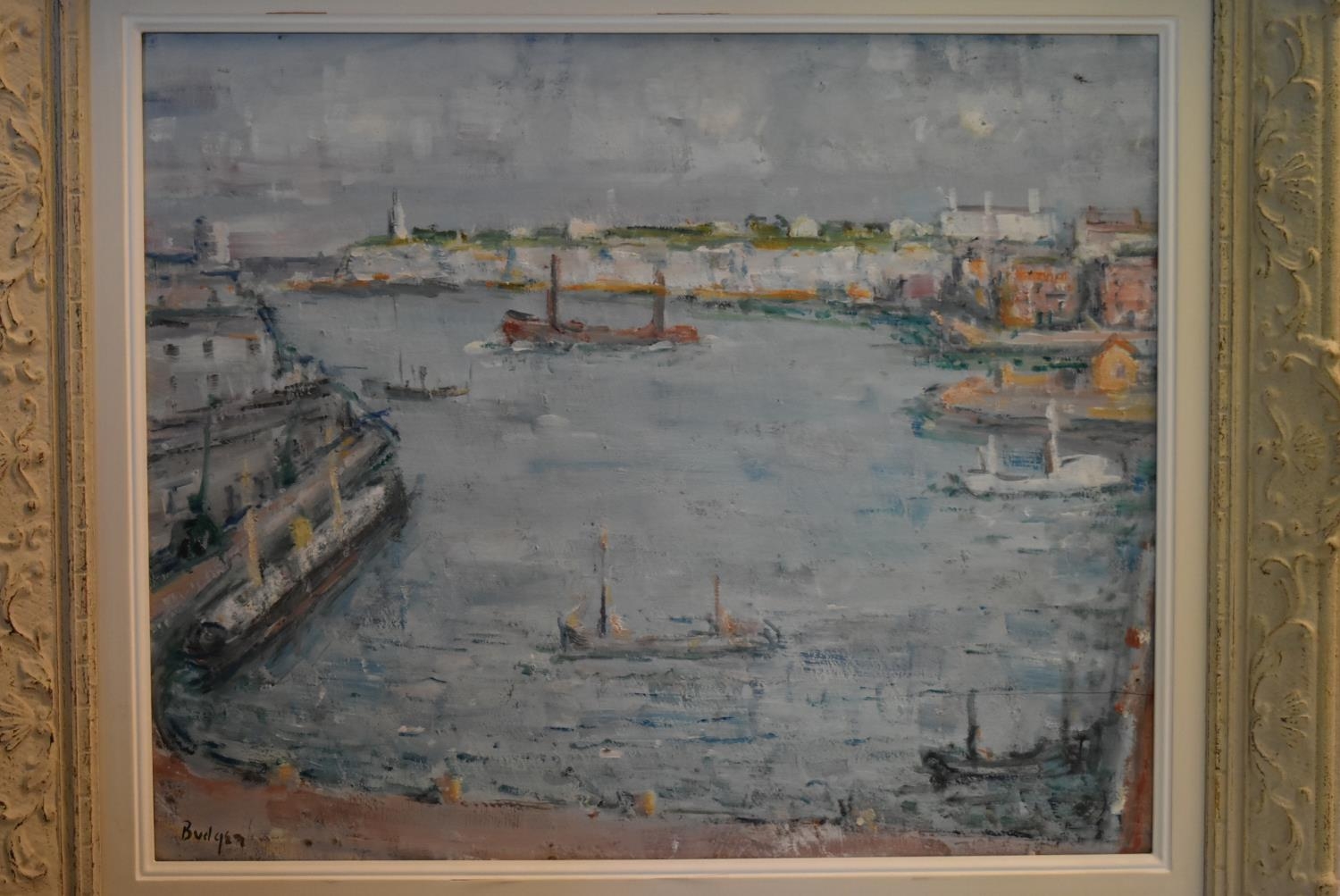 A mid century oil on board, the harbour at Bognor Regis, indistinctly signed, in decorative - Image 3 of 6