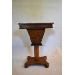 A Victorian walnut trumpet form work table with micromosaic inlaid top and fitted interior on