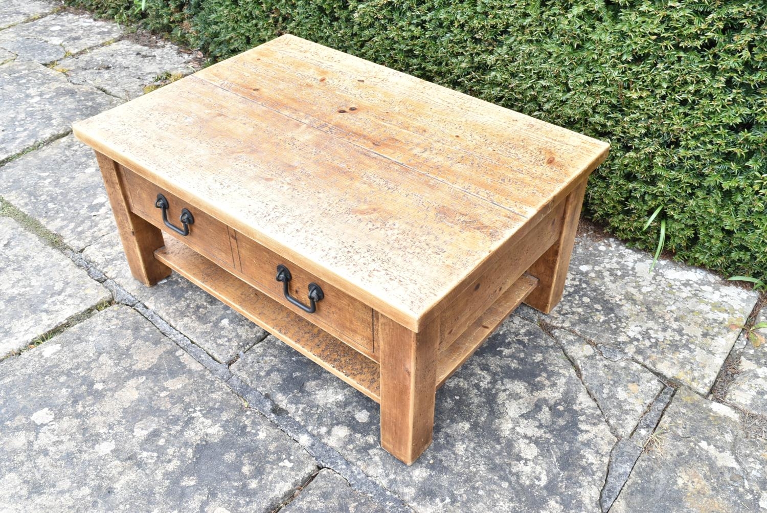 A contemporary pitch pine low table fitted with frieze drawers on block supports united by - Image 4 of 7