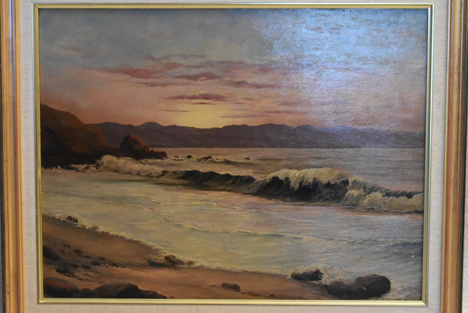A framed oil on board; Surf on the Chilean Coast, signed R Angus Clay with label verso. H.51 W.63cm - Image 2 of 8