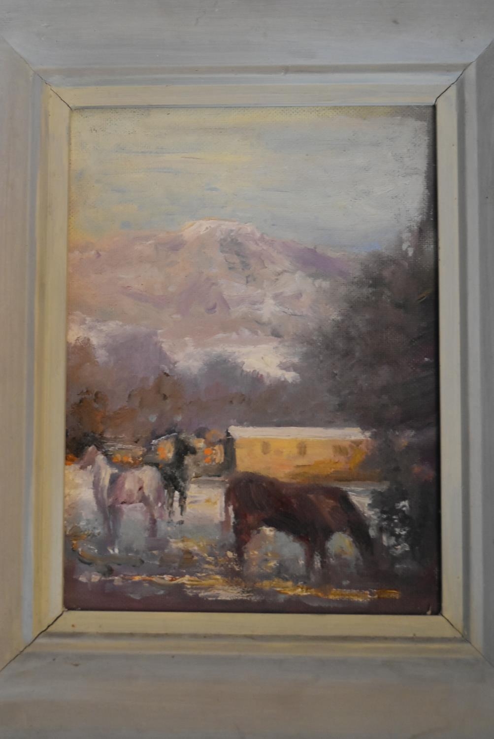 A framed oil on board, abstract figural study and a similar, horses in a mountaineous landscape. H. - Image 6 of 7