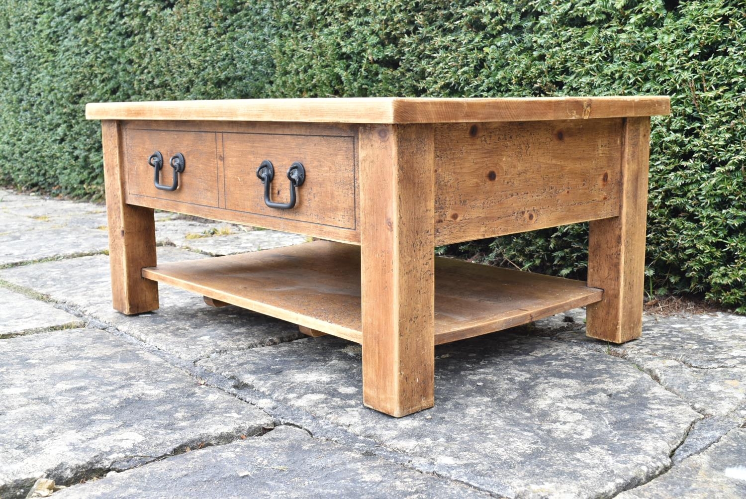 A contemporary pitch pine low table fitted with frieze drawers on block supports united by - Image 3 of 7