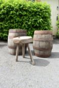Two old Fuller's brewery coopered firkins and a 19th century milking stool. H.42 W.30cm
