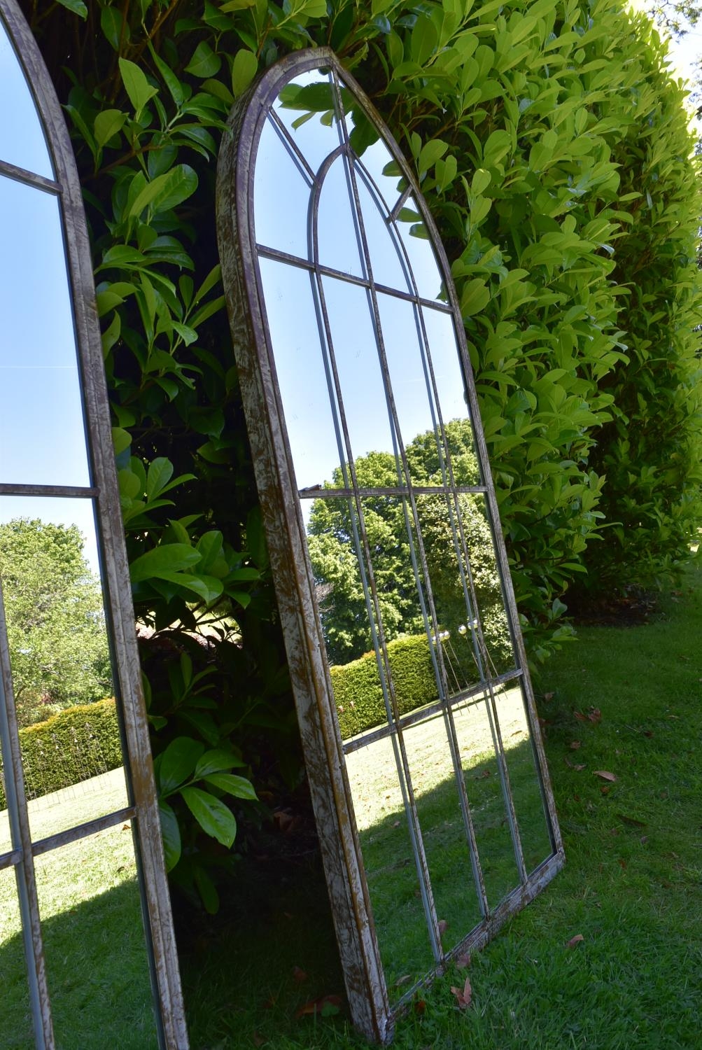 A set of three Gothic arched garden mirrors in distressed painted window pane metal frames. H.159 - Image 5 of 6
