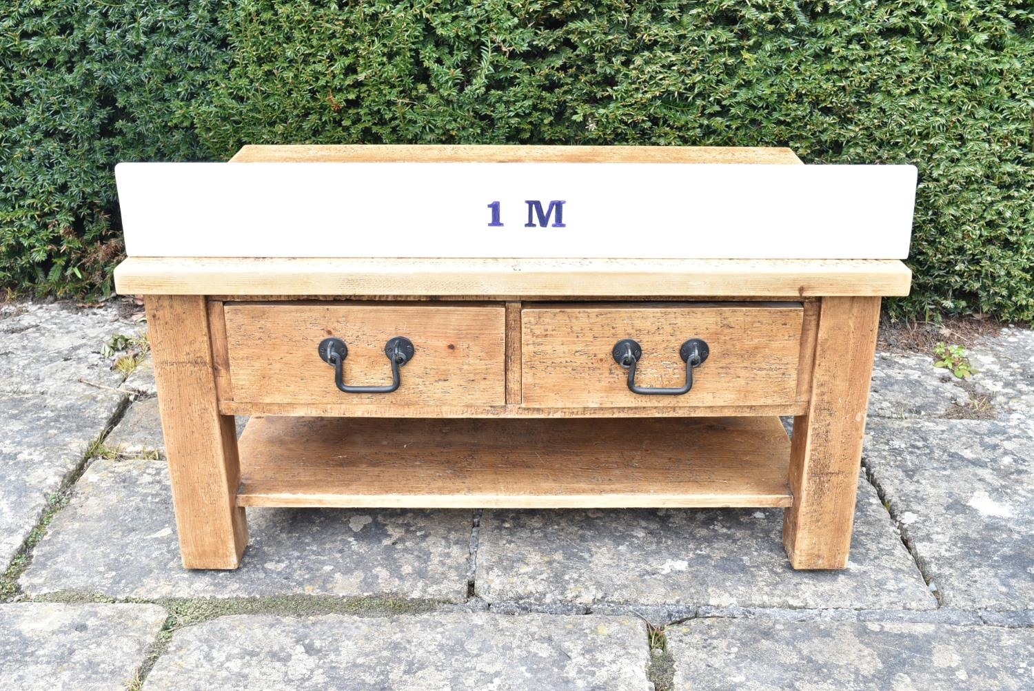 A contemporary pitch pine low table fitted with frieze drawers on block supports united by - Image 7 of 7