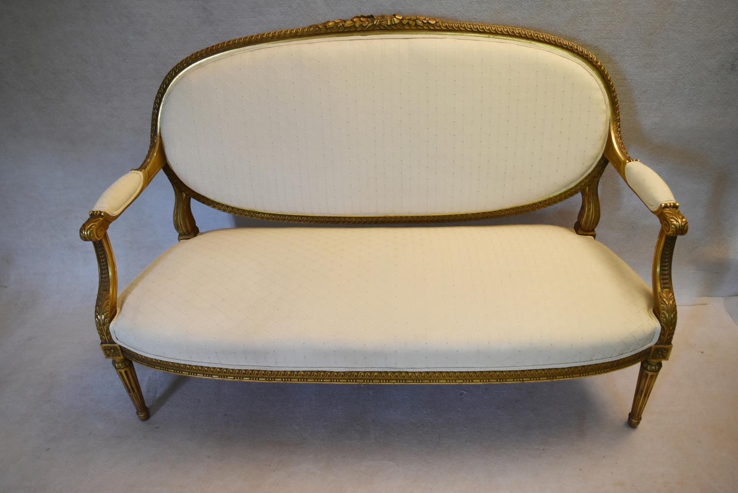 A 19th century French carved giltwood canape with ribbon and floral carved back rail reupholstered - Image 2 of 7