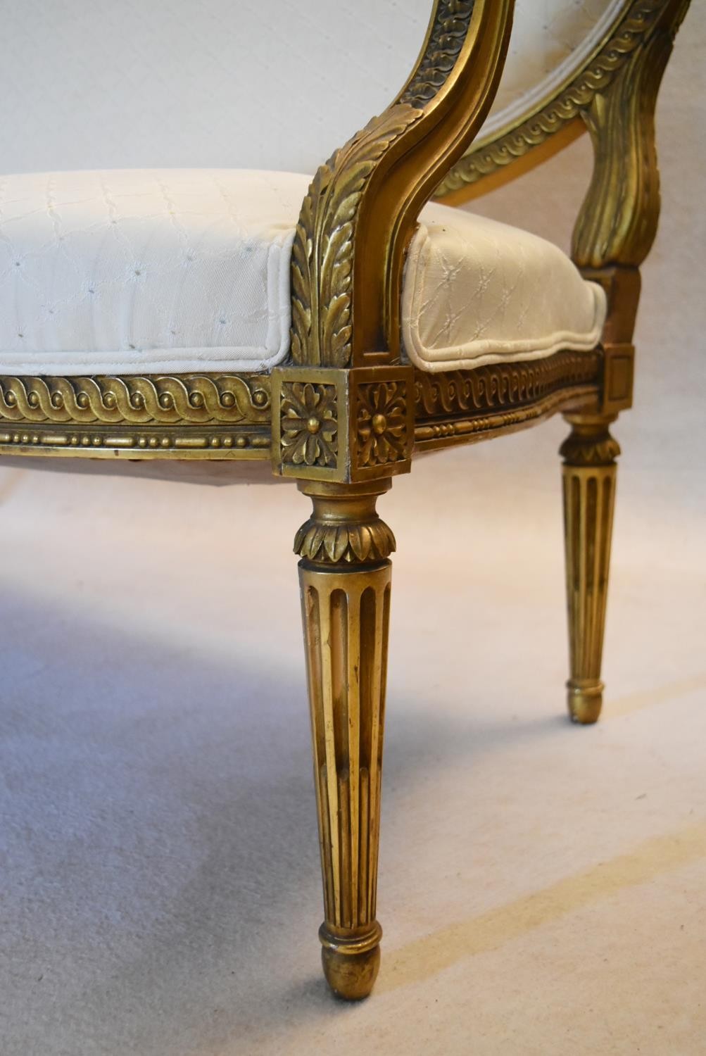 A 19th century French carved giltwood canape with ribbon and floral carved back rail reupholstered - Image 5 of 7