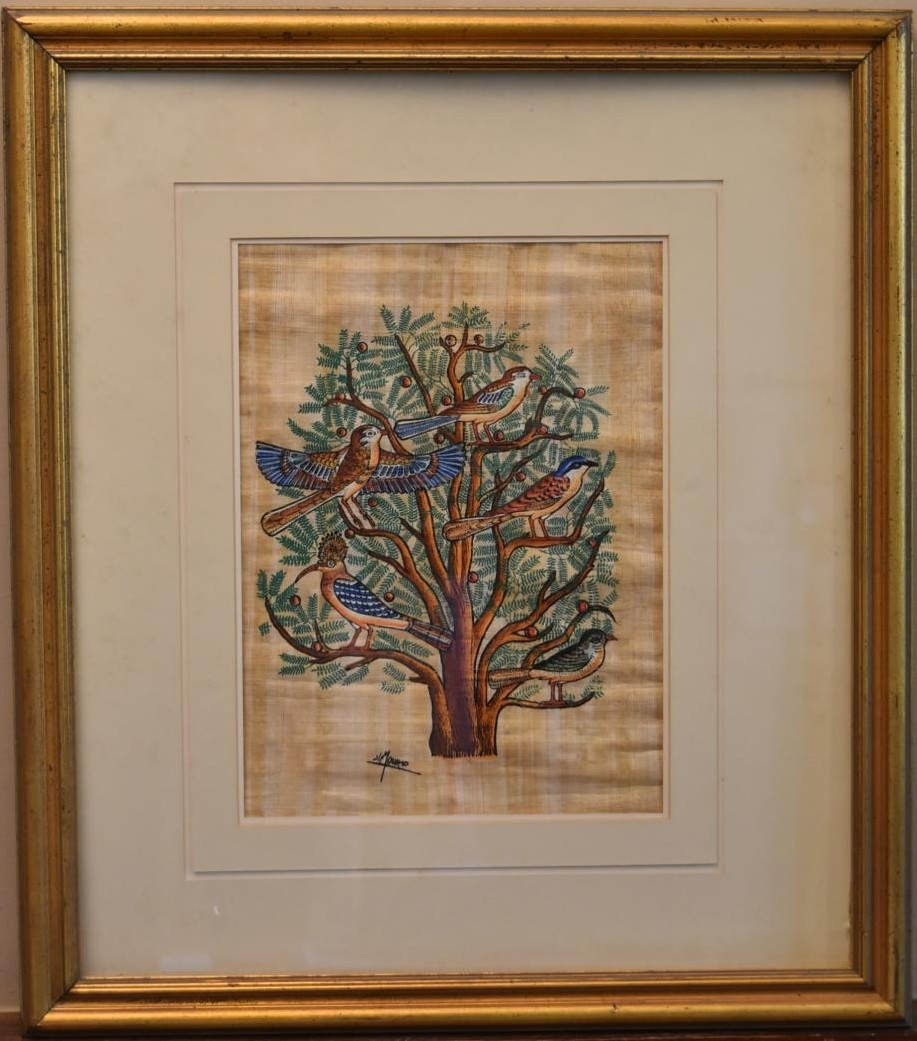 A framed and glazed ink on papyrus, tree of life, signed to the left 'J/Mourad'. H.52 W.46cm - Image 2 of 5