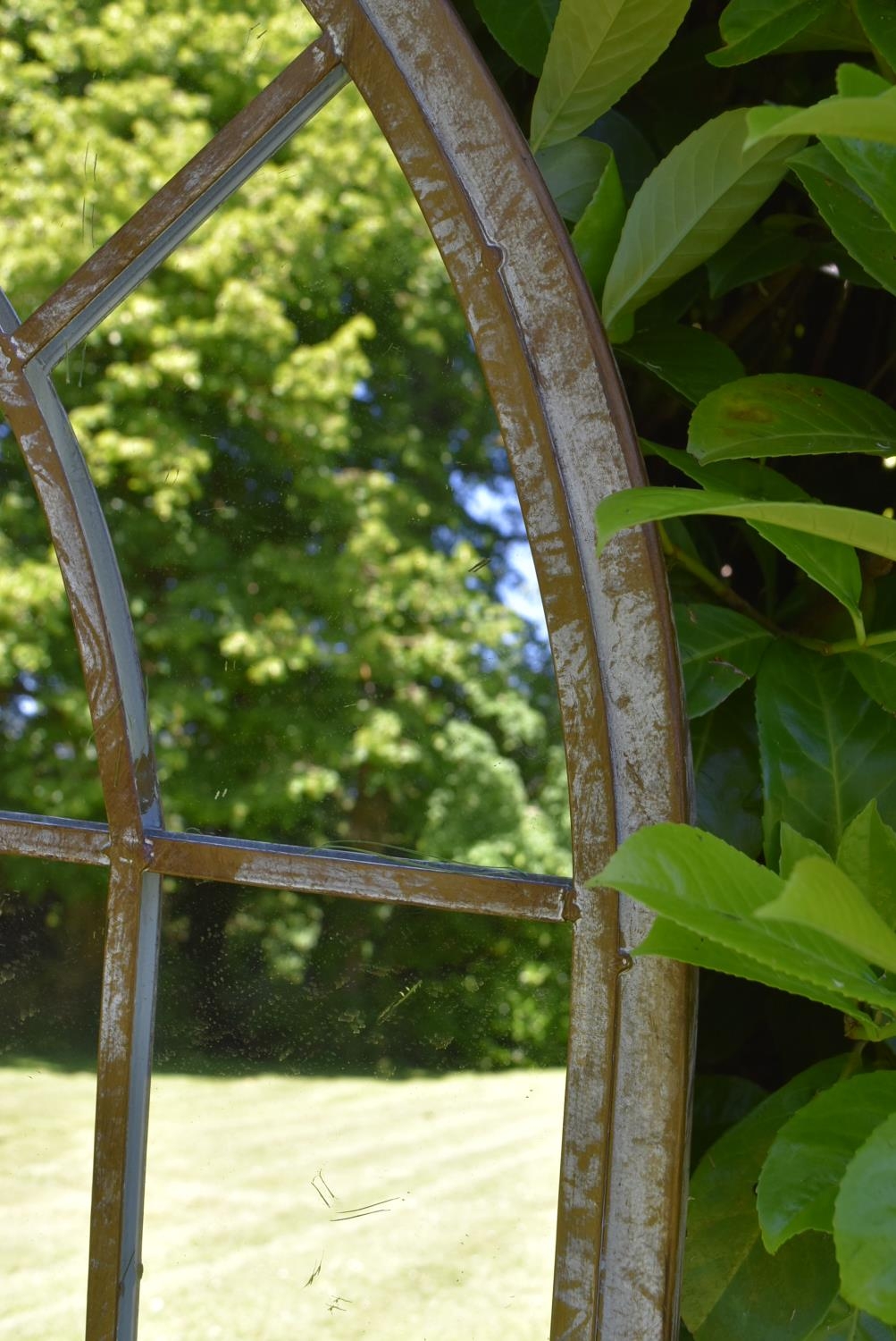 A set of three Gothic arched garden mirrors in distressed painted window pane metal frames. H.159 - Image 4 of 6