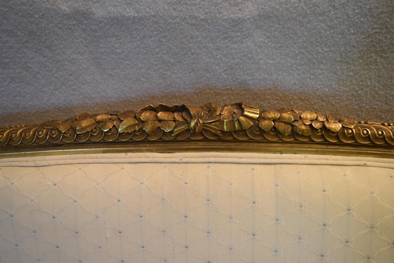 A 19th century French carved giltwood canape with ribbon and floral carved back rail reupholstered - Image 3 of 7