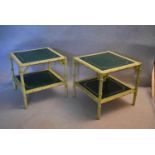 A pair of mid 20th century Chinese style painted lamp tables with inset glass tops and under