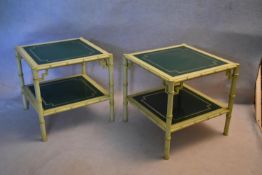 A pair of mid 20th century Chinese style painted lamp tables with inset glass tops and under