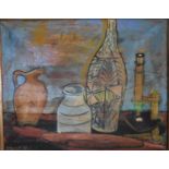 A gilt framed oil on canvas, abstract still life, signed and dated, Bassett 85. H.62 W.73cm