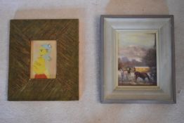 A framed oil on board, abstract figural study and a similar, horses in a mountaineous landscape. H.