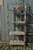 A vintage white painted wrought iron folding garden or conservatory plant etagere. H.156 W.61cm