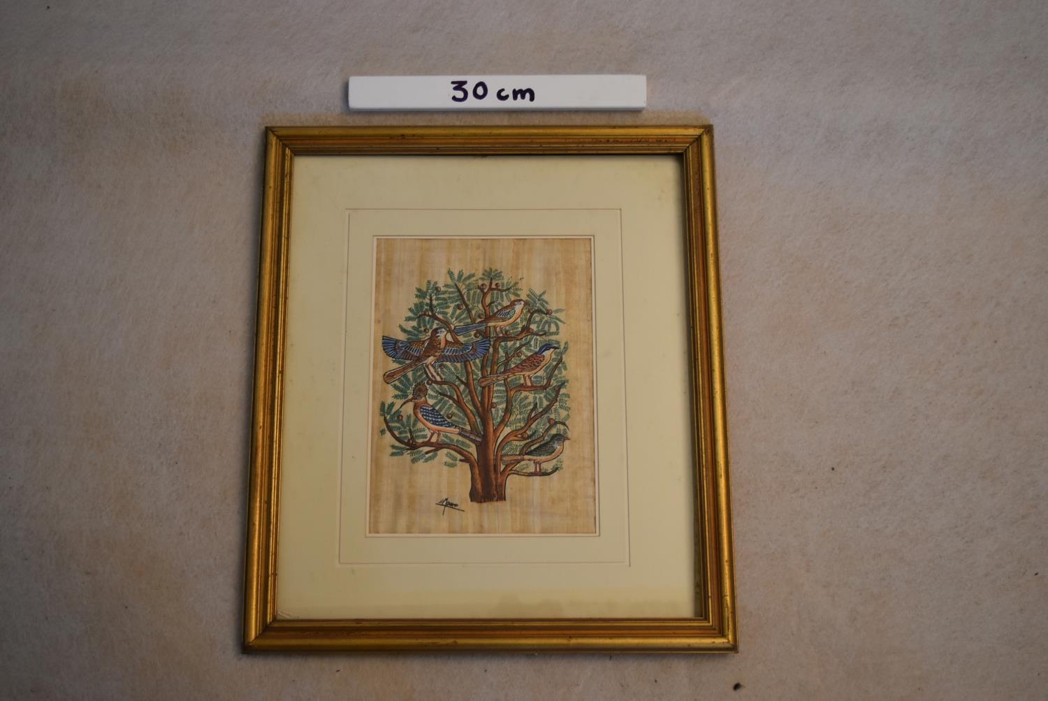 A framed and glazed ink on papyrus, tree of life, signed to the left 'J/Mourad'. H.52 W.46cm - Image 3 of 5