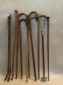 A miscellaneous collection of nine vintage sticks and two old golf clubs, to include a horse