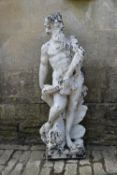 A weathered and distressed painted reconstituted figure, a god from the Classical world riding a