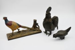A cold painted spelter figure of a pheasant with tree stump along with a Japanese bronze rooster and