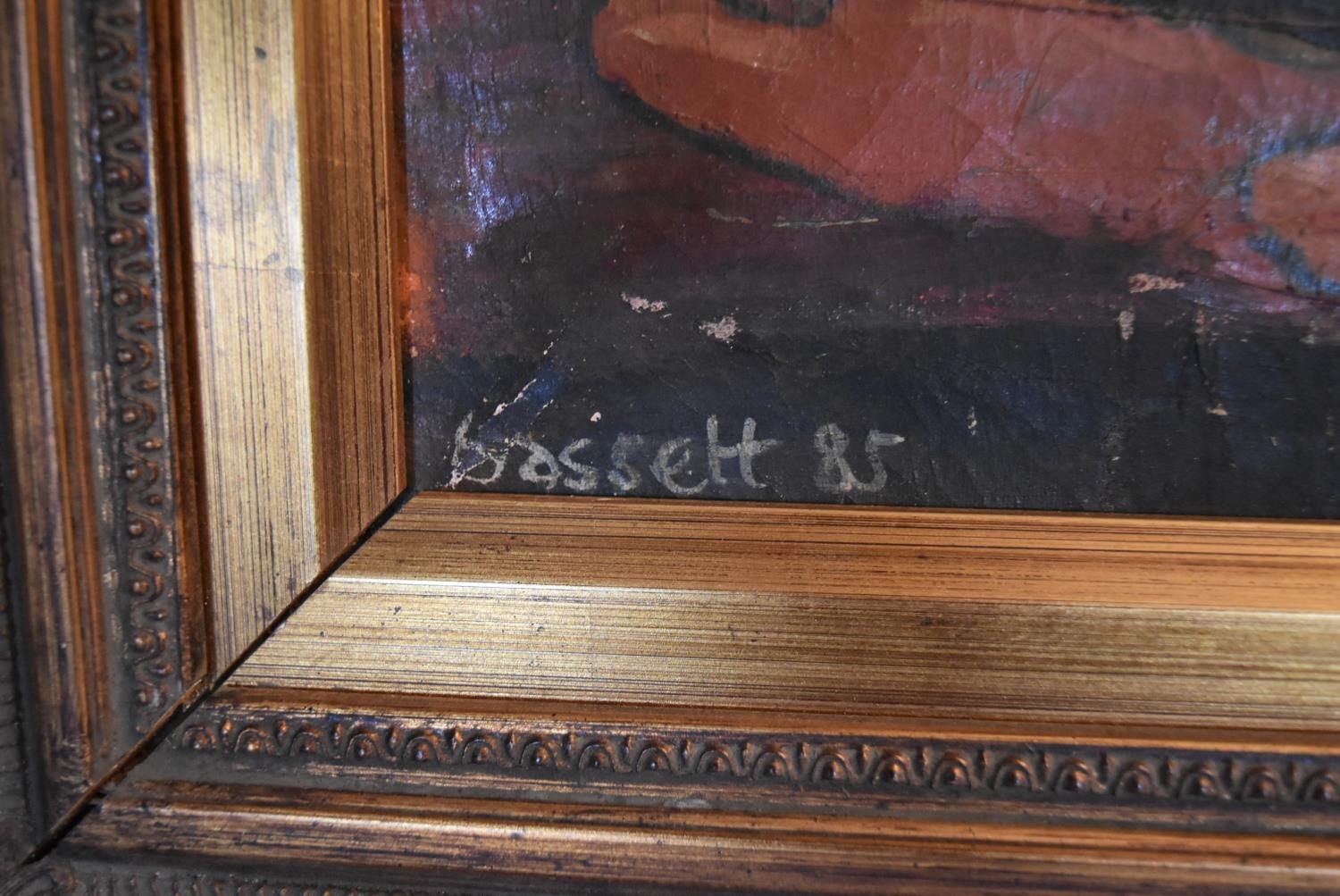 A gilt framed oil on canvas, abstract still life, signed and dated, Bassett 85. H.62 W.73cm - Image 4 of 6