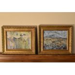 Two early 20th century gilt framed oil on boards, one depicting a mountainous scene and the other of