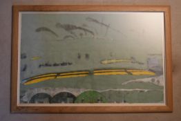 Malcolm McCoig (B.1941), a framed mixed media work titled: 14 Fires, 10 Daffodil Fields & 3 Nissen