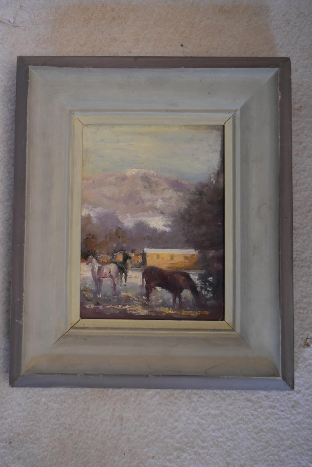 A framed oil on board, abstract figural study and a similar, horses in a mountaineous landscape. H. - Image 5 of 7