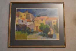 A framed and glazed mixed media study, Old Houses in Merindol, Provence, signed and dated, Hodge 86.