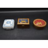 A Wedgwood blue and white lidded dressing table box along with two painted lidded boxes. H.6 W.11cm