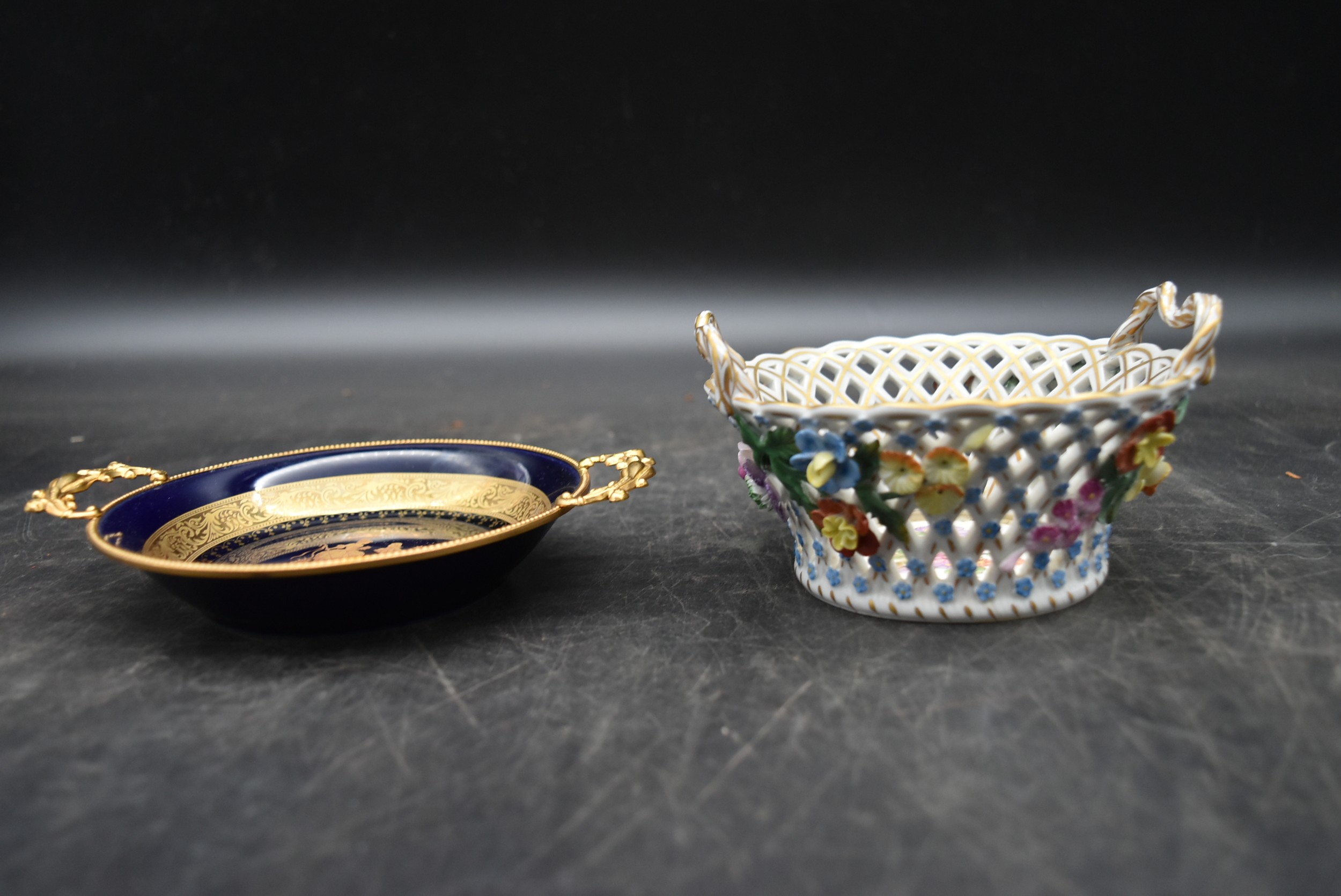 A Limoges gold plated twin handled bowl marked Limoges Kastel 22k gold along with a flower encrusted - Image 2 of 10