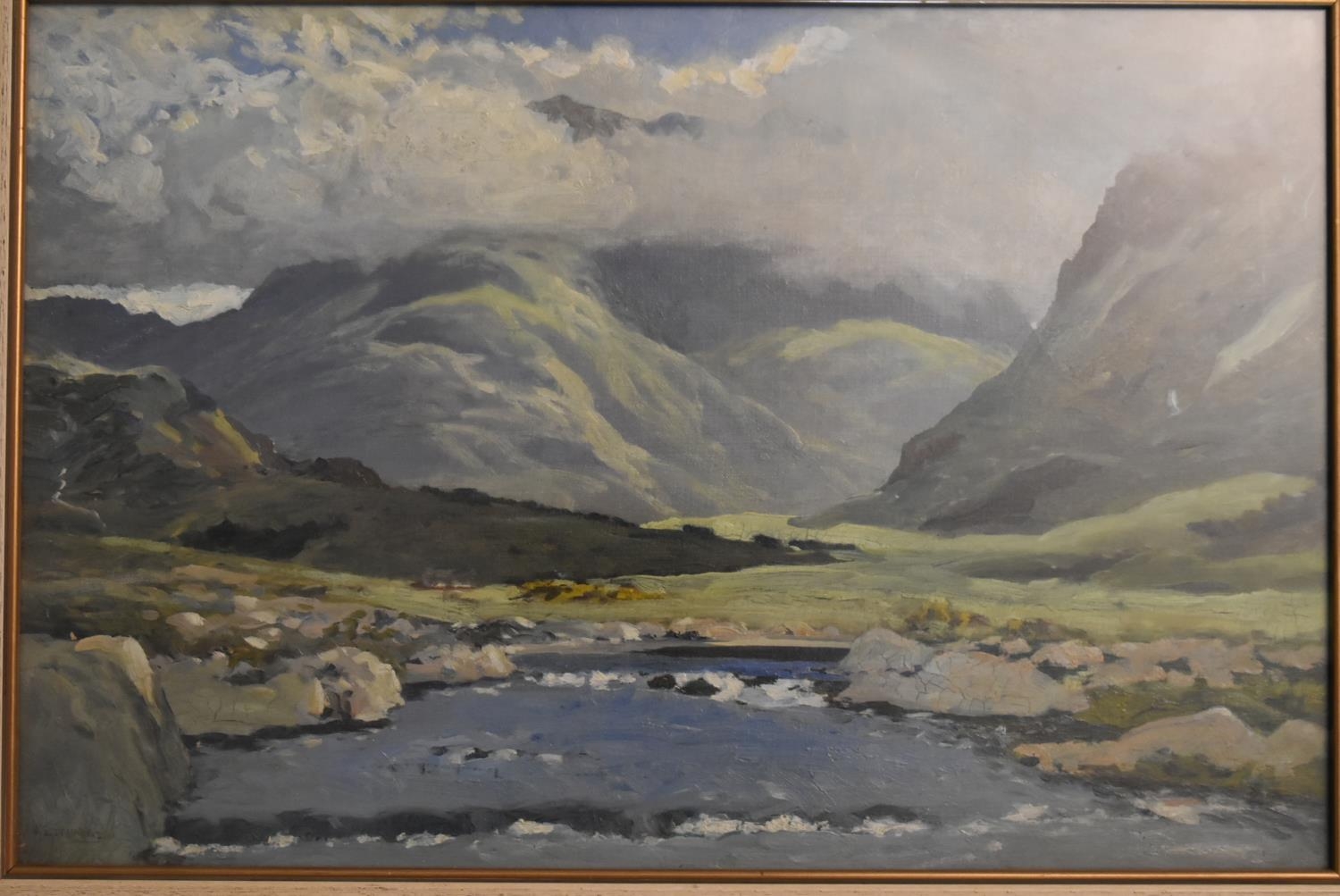 A framed oil on board, In the Maumturk Mountains, Connemara, signed J Scott Harrison, label to the - Image 5 of 8