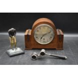 A mixed lot of items. To include a 20th century oak and crossbanded mantel clock with label to