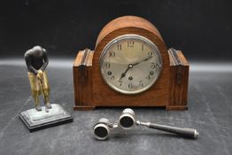 A mixed lot of items. To include a 20th century oak and crossbanded mantel clock with label to