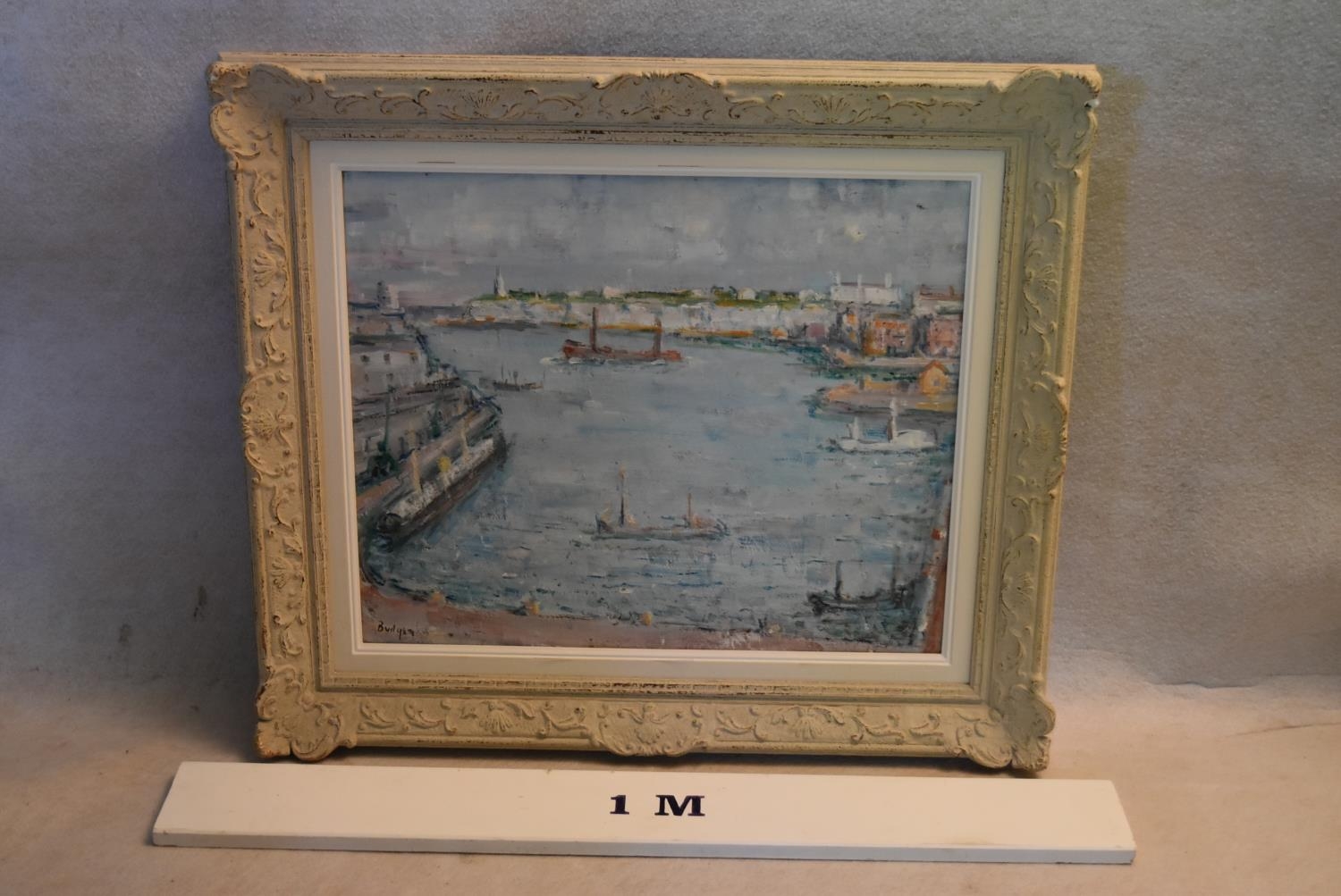 A mid century oil on board, the harbour at Bognor Regis, indistinctly signed, in decorative - Image 2 of 6